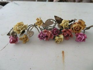 12 Gorgeous Old Vintage Petite Porcelain Roses With Tole Leaves For Display