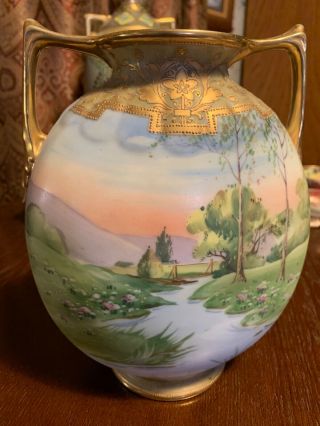 Nippon Old Maple Leaf Scenic Vase 8 1/2 In By 6in