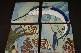 Vintage 4 - Piece Tile Art Mural Scene W/jumping Marlin & Fish Blue Ocean Marine