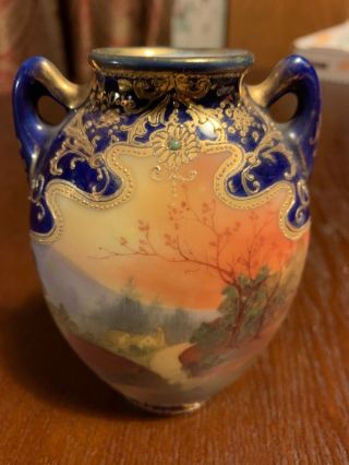 Nippon Old Maple Leaf Scenic Vase 41/2 In By 3 In
