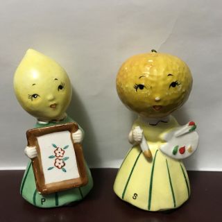 Vtg Napco Anthropomorphic Salt Pepper Shakers Orange Lemon Head Artist Painting