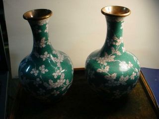Vintage Pair Chinese Export Cloisonne Vases 8 3/4 " Pleasant Design