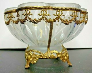 Vintage Victorian Frosted & Clear Glass Bowl Applied Brass Vine & Bow & Feet