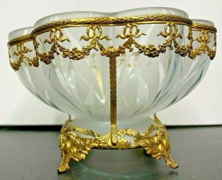 Vintage Victorian Frosted & Clear Glass Bowl Applied Brass Vine & Bow & Feet 2