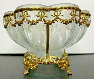 Vintage Victorian Frosted & Clear Glass Bowl Applied Brass Vine & Bow & Feet 3
