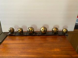 Antique 6 Large Brass Sleigh Bells On Leather 22” Christmas