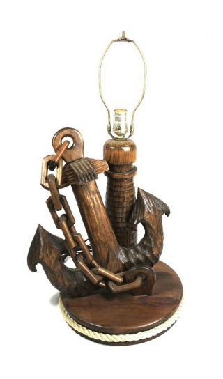 Vintage Antique Nautical Lamp Lighthouse Boat Anchor Hand Carved Wood Folk Art