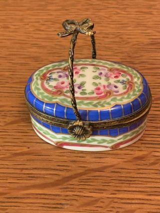 Vintage Peint Mein Limoges Blue Floral Basket Trinket Box W/handle - Signed