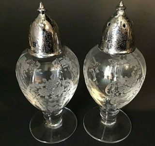 Fostoria Meadow Rose Salt & Pepper Shakers Vintage Footed Etched Floral 4”