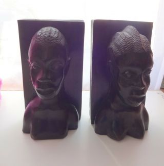 Vtg Heavy Black Wood Hand Carved African Art Lady Man Bust Bookends Book Ends