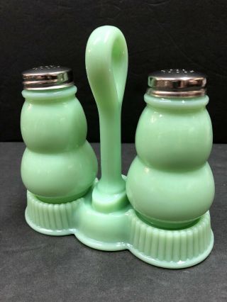 Vintage Antique Jadeite Green Glass Tall Salt And Pepper Shaker Set With Caddy