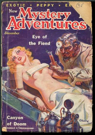 Mystery Adventures.  1935 December.  Bondage Operating Table Cover.  Pulp.