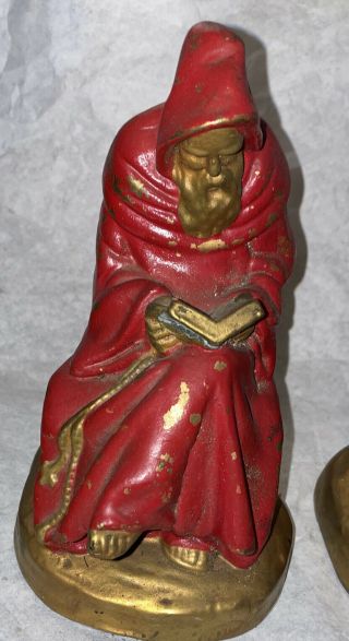 Antique Armor Bronze Gold Color Red Robed Monk Reading Bookends Set Polychrome 2