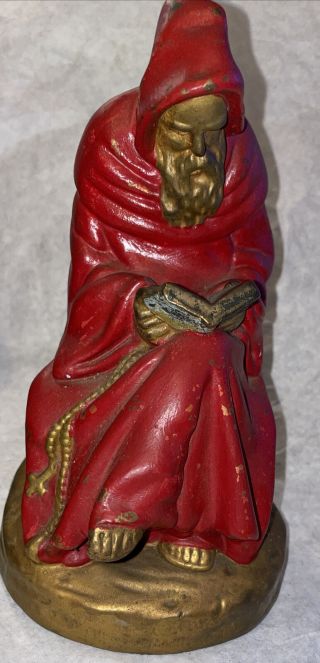Antique Armor Bronze Gold Color Red Robed Monk Reading Bookends Set Polychrome 3