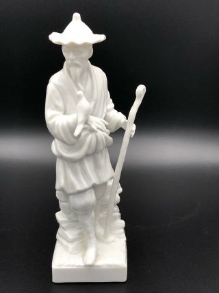 Fitz & Floyd White Porcelain Asian Man Figurine W/cane & Bird On Arm.  1976