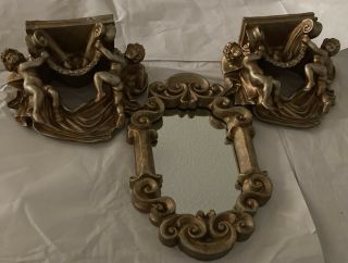 Vintage Angel Cherub Gold Gilt Wall Sconce/shelf Set Of 2 And Scrolled Mirror.