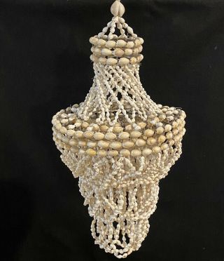 Vintage Boho 1970s Cowry Shell Hanging Chandelier 17” Long Bohemian Decor