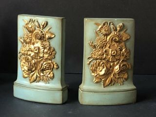 Rare Vintage Pair Blue Gold Borghese Bookends Antique Carved Hollywood Regency