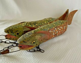 2 Carved Painted Wood Rainbow Trout Fish & Stringer Primitive Rustic Folk Art