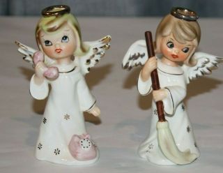 Set Of 2 Vintage Napcoware Angel Figurines Sweeping W Telephone C7361