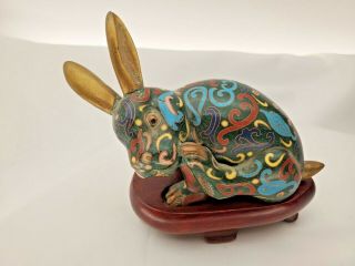 Vintage Antique Chinese Cloisonne Bunny Rabbit On Stand