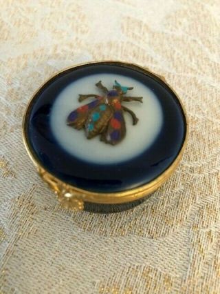 Vintage Limoges France 1 3/4 " Round Trinket Pill Snuff Box W Metal Bee Wasp Fly