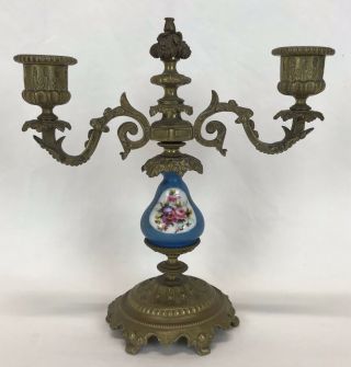 Vintage French Ornate Brass & Hand Painted Bird & Floral Porcelain Candlestick