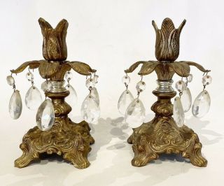 Pair Vtg Antique Hollywood Regency Ornate Brass Crystal Candle Holder 6 Prisms