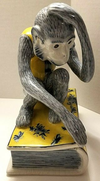 Vintage,  Antique? Porcelain Ceramic Monkey On A Book Trinket Box (weighs 3 Lbs. )