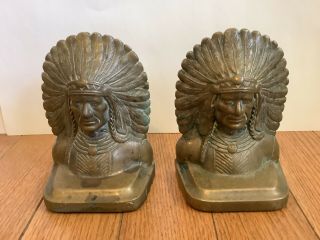 Vintage Bronze Cast Iron Native American Indian Chief Bookends