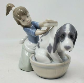 Lladro Figurine 5455 Bashful Bather Pretty Little Girl Washing Puppy Dog Bath