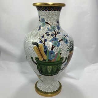 Chinese Cloisonne Vase White Ground With Rare Design 12 " High