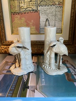 Vintage Fitz And Floyd Ceramic Crane Heron Bamboo Candle Holder Pair