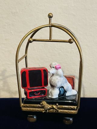France Limoges Box Bellman Cart With Suitcases,  Removable Garmet Bag & Poodle