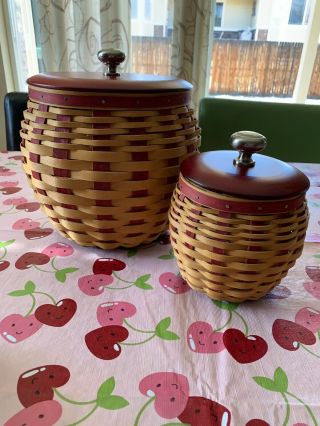 (2) Longaberger 2005 Strawberry Basket Set (s) Large And Small Combos.  Red Lids