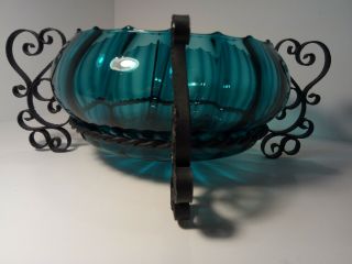 Art Deco Wrought Iron And Turquoise Blown Glass Bowl Centerpiece