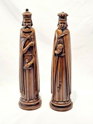 12 " Tall Chess Style Wood King And Queen Carved Figures.