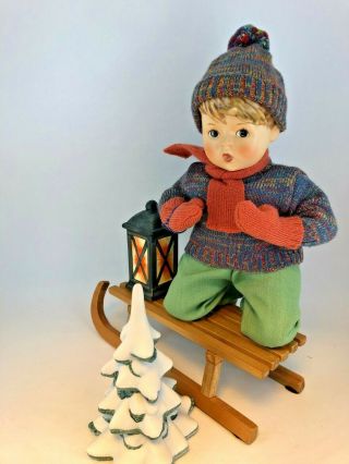 Goebel Hummel 14 " Soft Body Doll Ride Into Christmas Boy On Sled W/ Tree Lantern