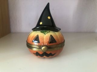 Limoges France Hand Painted Jack - O - Lantern Box Pumpkin Halloween