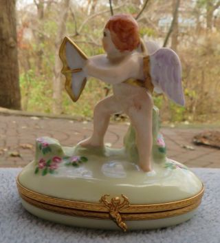 Limoges France Peint Main Cupid With Arrow Figural Trinket Box