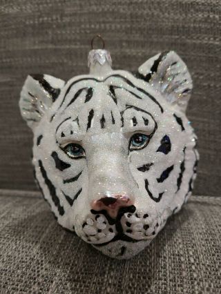 Slavic Treasures " White Bengal Tiger " Blown Glass Ornament