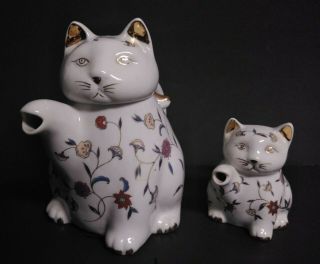White W/ Gold Floral Kitty Cat Teapot & Creamer Set Henriksen Imports Japan