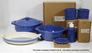 8 - Pc Longaberger Pottery Cornflower Blue Casserole Dish,  Oval Baker,  Dispenser,
