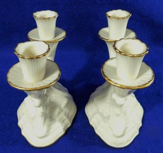Pair Lenox Meridian Ivory Gold Gilt Porcelain Double Candle Stick Holders USA 2