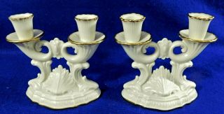 Pair Lenox Meridian Ivory Gold Gilt Porcelain Double Candle Stick Holders USA 3