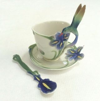 Franz Porcelain Hummingbird & Iris Cup Saucer And Spoon