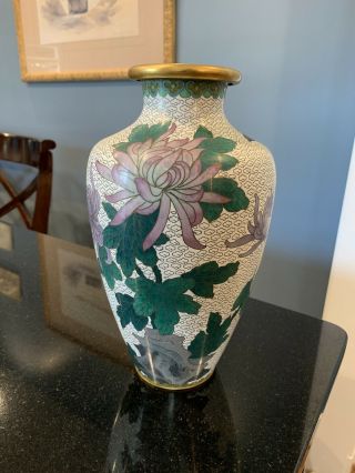 Vintage Chinese Cloisonné Vase - 10 1/4” Inches With Purple Chrysanthemums