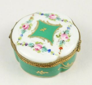 Vintage Signed Peint Main Limoges Hand Painted Green Porcelain Trinket Box Nr