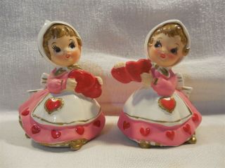 Vintage Lefton Japan Ceramic Valentines Day Girl With Hearts Figurines Set 7173