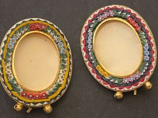 Pair Miniature Vintage Antique Italy Micro Mosaic Oval Picture Frames Easel Back